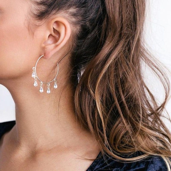 ✨ Gold Charm Hoop Earrings With Dangling Crystals - Picture 3 of 5